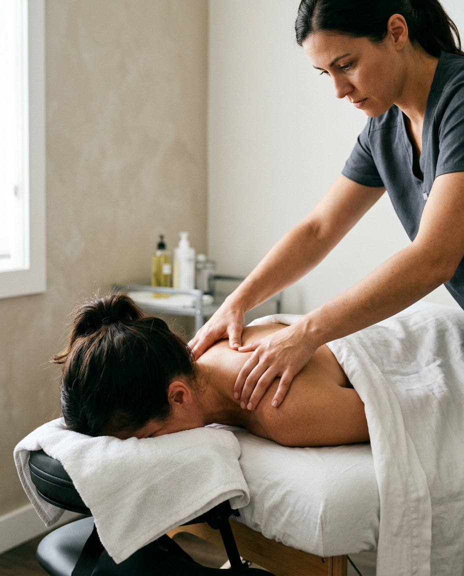 Profissional aplicando técnica de massoterapia em ambiente clínico